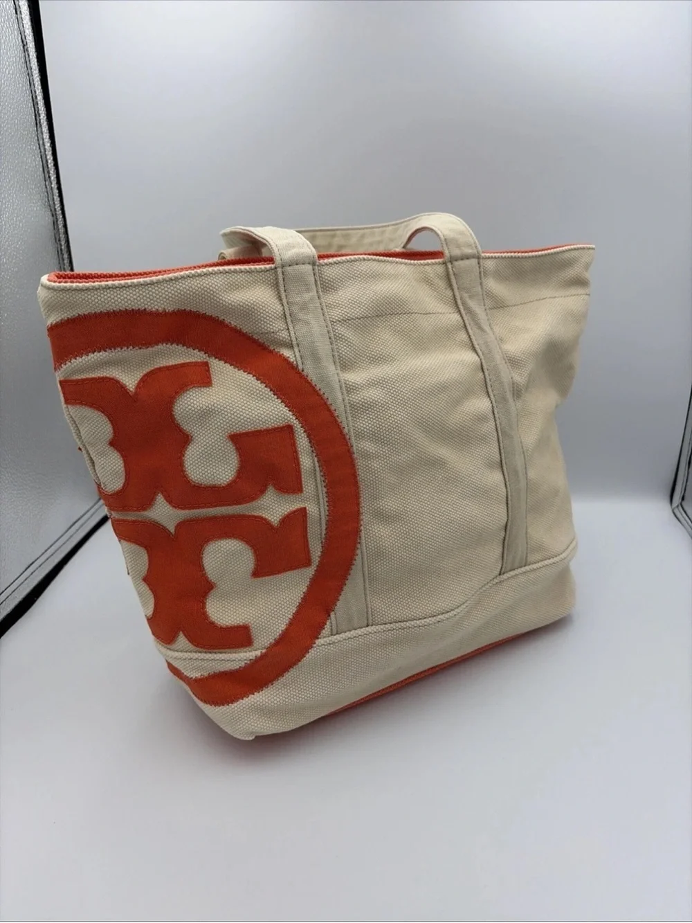 Tory Burch Beige Canvas Tote with Orange Logo Accent beach or summer handbag